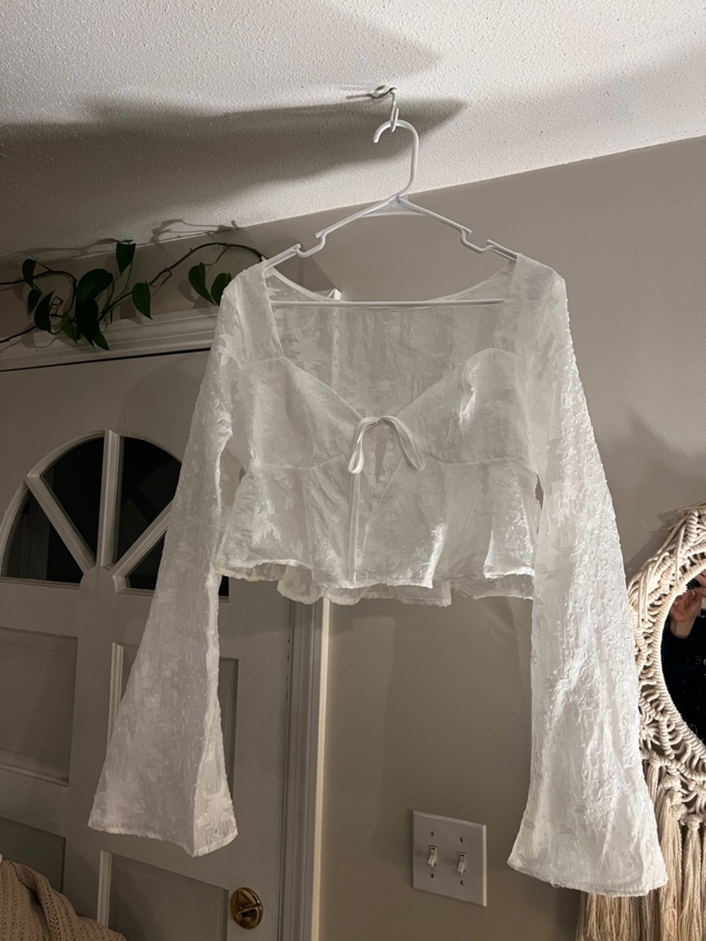 White Sheer Tie-Front Peplum Blouse